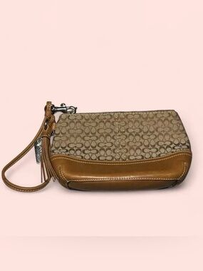 Coach Brown Signature Canvas and Leather Wristlet with Tassel